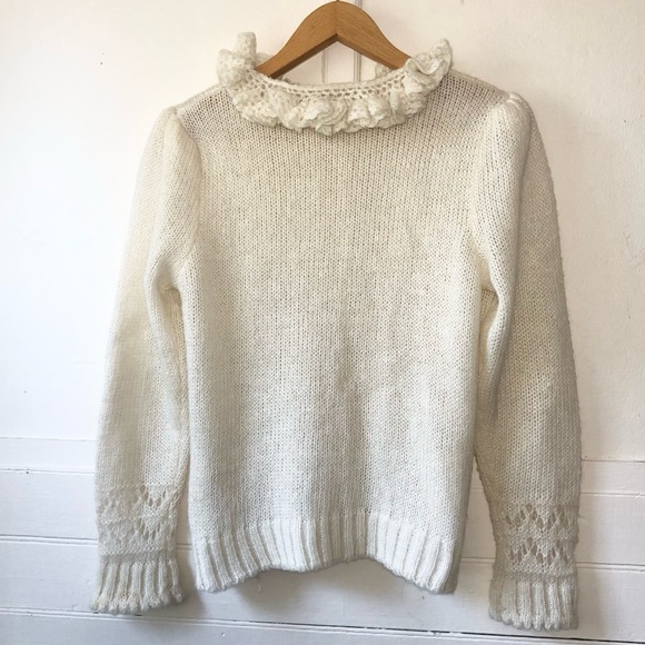 Vtg Puff Sleeve Pockets Ruffle Cut Work Knit Granny Grandma Cardigan Sweater S/M - Picture 14 of 17